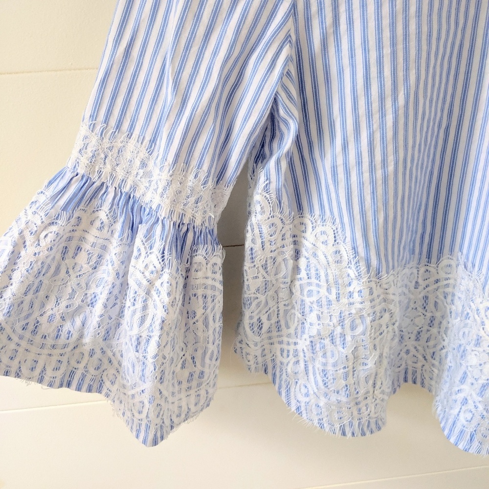 Zara Woman Blue Stripe Lace Bell Sleeve Blouse - Picture 7 of 7